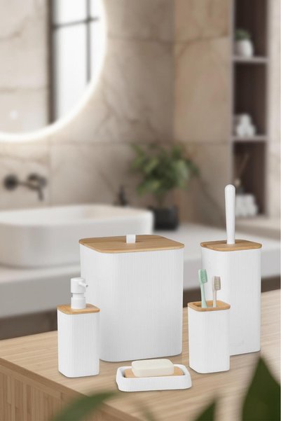 Okyanus Home Set de baie din 5 piese, alb murdar, cu detalii din bambus autentic