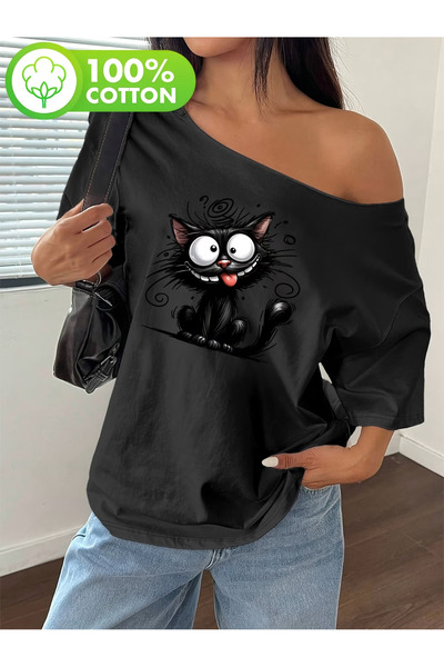 PALPİTO Women's Confused Cat Printed Oversize Boat Neck T-Shirt