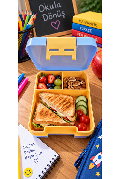 tan organik Beslenme Kutusu 3 Bölmeli Mavi