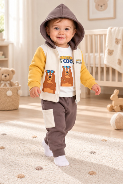 Chicsy Baby Sweet Teddy Bear Printed Baby Boy 3-Piece Winter Tracksuit Set Pr...