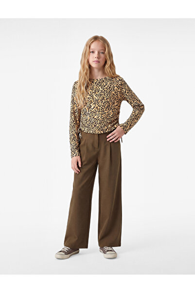 Koton Leopard Patterned Slim Fit Crew Neck Long Sleeve Crop Blouse with Draws...