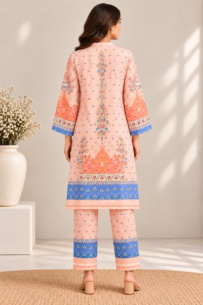 Devoiler Women’s Peach Multicolor Ethnic Print 2-Piece Co-Ord Set with Straight Pants