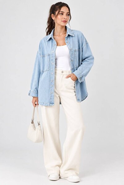 Genel Markalar Kadın Açık Mavi Oversize Denim Ceket