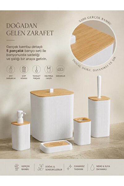 Okyanus Home Gerçek Bambu Detaylı 5 Parça Kırık Beyaz Banyo Seti