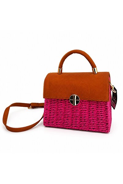 FashionForYou Τσάντα ώμου RANYA, από ψάθα και δέρμα, Φούξια