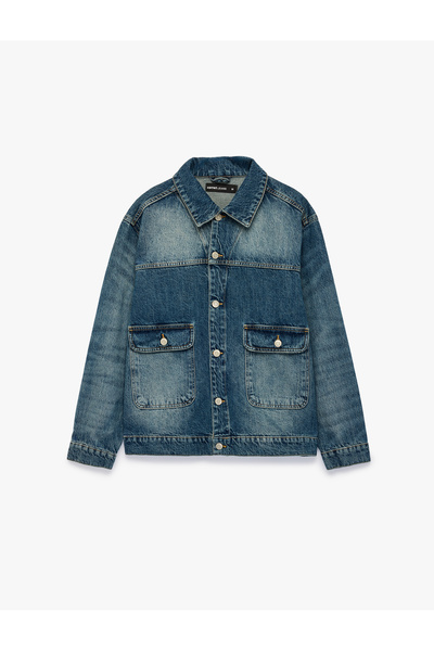 Koton Cotton Long Sleeve Buttoned Flap Pocket Shirt Collar Oversize Jean Jacket