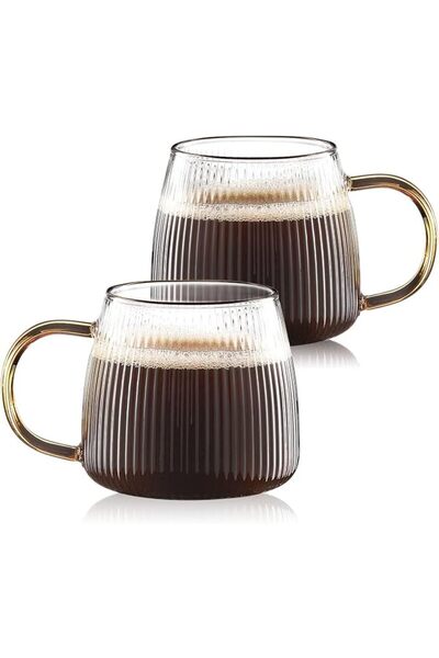 TERRIFI Vintage Glass Coffee Mugs, Set of 2 Ribbed Drinking Glasses, Clear Te...