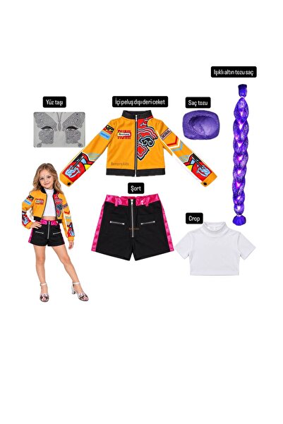 bemora kids kpop huntrix rumi mira zoey deri ceketli kostüm seti - yüz taşı ş...