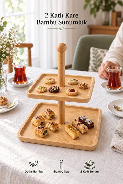Tilbe Home 2 Katlı Kare Bambu Sunumluk, Servis Tabağı, Şekerlik, Kurabiyelik,...