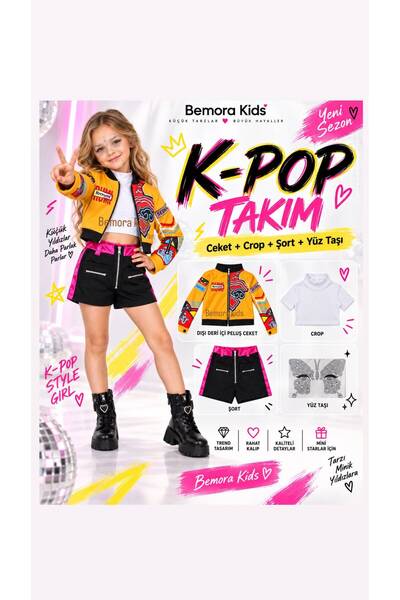 bemora kids kpop huntrix rumi mira zoey deri ceketli kostüm seti - yüz taşı ş...