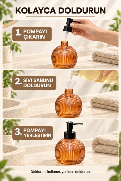 Anadolu Saray 350 ml Cam Sıvı Sabunluk Siyah Pompalı Çizgili Şık Tasarım 1 Adet Karışık Renk