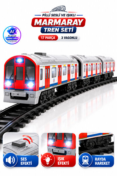 TRENDZONE Pilli Sesli ve Işıklı Marmaray Tren Seti 17 Parça – 3 Vagonlu Rayda...