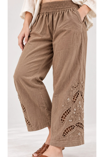 MetuCA Women's Coffee Color Embroidered Washed Linen Wide Leg Pants