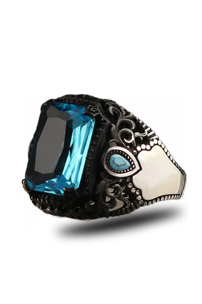 Mirari Jewelry Blue Topaz Taşlı Dikdörtgen Kesim Vintage Motifli Erkek Yüzük ...