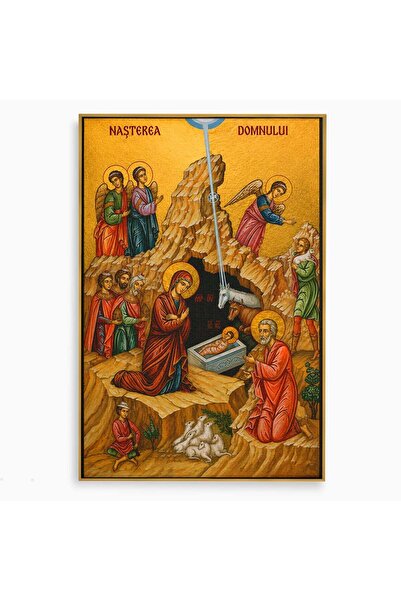 Luxcanva Tablou Canvas Nasterea lui Iisus Hristos 50x70 cm cu Rama Auriu Reli...