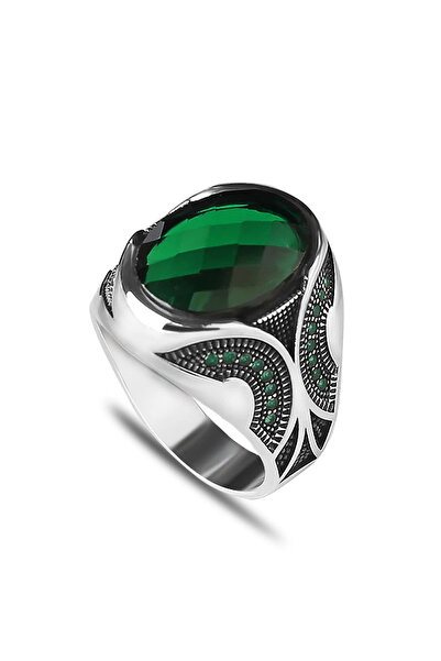 Mirari Jewelry Zümrüt Yeşili Zirkon Taşlı Oval Form Modern Erkek Yüzük | Prem...