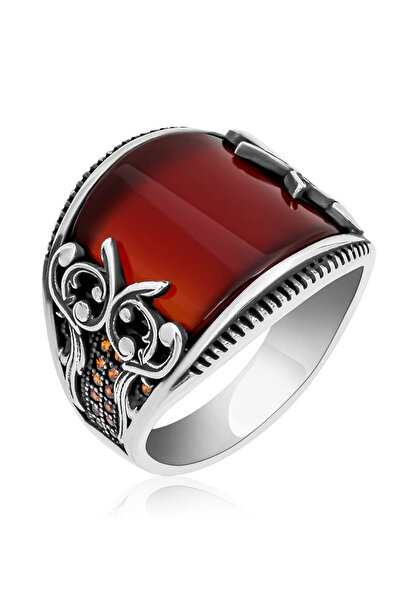 Mirari Jewelry Kırmızı Akik Taşlı Klasik Erkek Yüzük | Premium 0,40 Mikron Ka...
