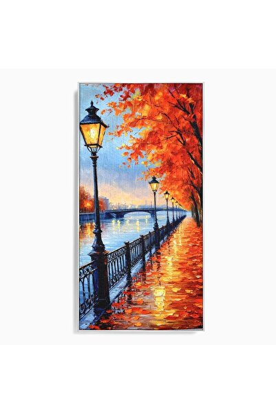 Luxcanva Tablou Canvas Promenada Toamnei 50x100 cm cu Rama Argintiu Felinar P...