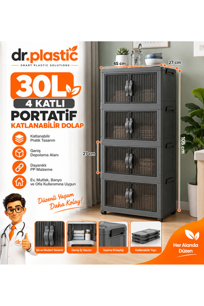 dr.plastic 30L 4 Katlı Katlanabilir Portatif Dolap Mutfak Banyo Ofis ve Çok A...
