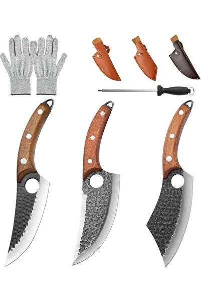 The Bros 3-Piece Hammered Butcher Knife Set - High Carbon Stainless Steel Cur...