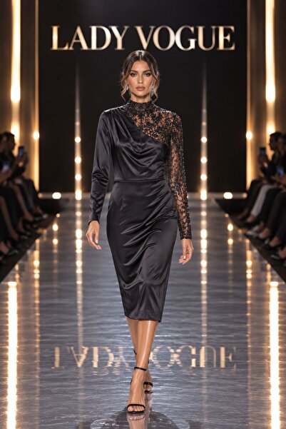 Lady Vogue Kadın Siyah Bisiklet Yaka Dantel Detaylı Midi Elbise