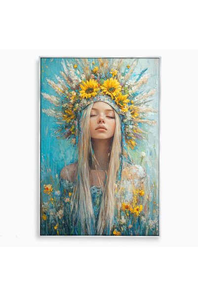 Luxcanva Tablou Canvas Fata Cu Coroana De Flori 40x60 cm cu Rama Argintiu Zan...
