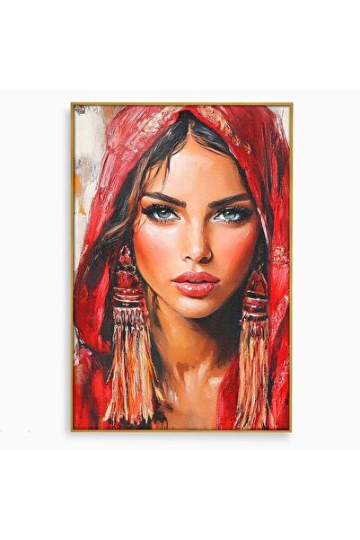 Luxcanva Tablou Canvas Misterul Privirii 70x100 cm cu Rama Auriu Rosu Femeie ...