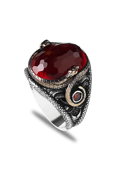 Mirari Jewelry Garnet Taşlı Yılan Motifli Kırmızı Taş Detaylı Erkek Yüzük | P...