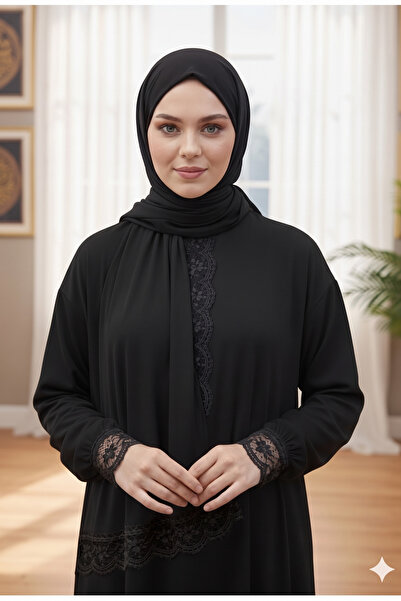 medipek Tek Parça Şallı Dantelli Bilekleri Lastikli Namaz Elbisesi