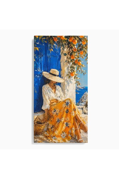 Luxcanva Tablou Canvas Femeie Cu Palarie In Santorini 60x120 cm pe Sasiu Lemn...