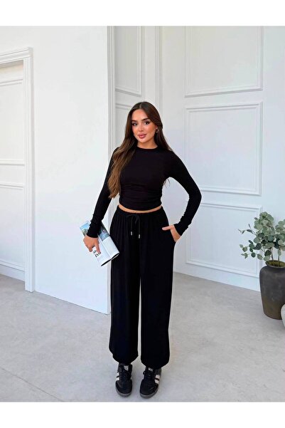khar Waist Drape Detail Blouse and Elastic Cuffed Viscose Fabric Two-Piece Set