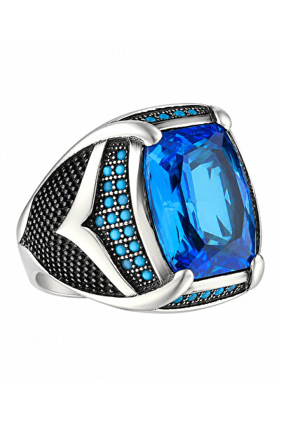 Mirari Jewelry Blue Topaz Taşlı Firuze Detaylı Erkek Yüzük | Premium 0,40 Mik...