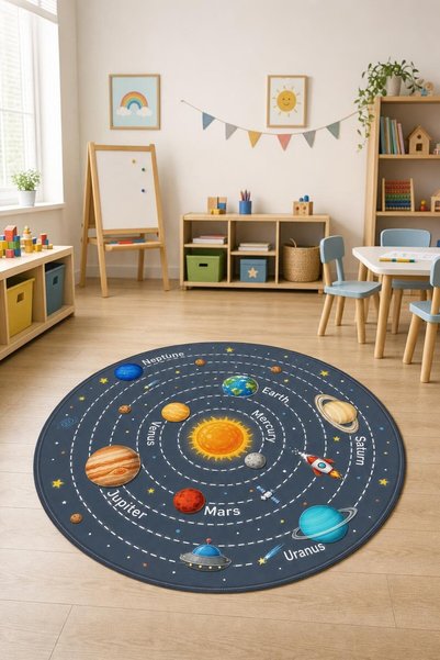 Viva Home Lacivert Uzay Temalı Yuvarlak Çocuk Odası Halısı VH295