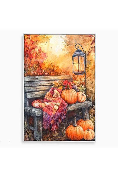 Luxcanva Tablou Canvas Banca De Toamna 100x150 cm cu Rama Argintiu Felinar Ba...