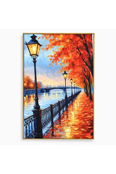 Luxcanva Tablou Canvas Promenada Toamnei 50x70 cm cu Rama Auriu Felinar Parc ...