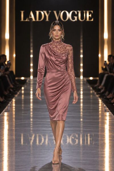 Lady Vogue Kadın Gül Kurusu Bisiklet Yaka Dantel Detaylı Midi Elbise