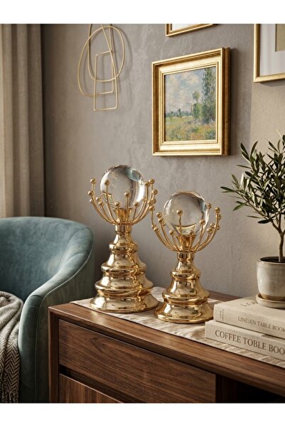 mysecrethome Gold Kristal Küre Figürlü 2'li Dekoratif Obje Seti (27 cm & 24 cm)