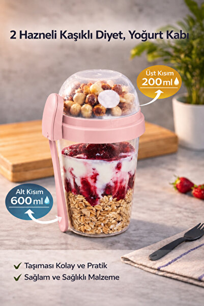 GENCHOME HOMEWARE Yoğurt Granola Müsli Kabı 2 Hazneli Kaşıklı 200 ml + 600 ml...