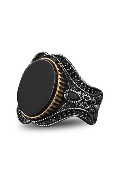 Mirari Jewelry Oniks Taşlı Oval Form Altın Ton Çerçeve Detaylı Motifli Erkek ...