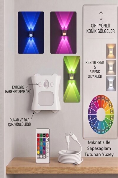 TEKNETSTORE Duvar Dekorasyon Lambası Aplik Hareket Sensörlü 16 Renk Seçenekli...