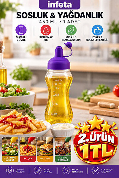 İnfeta 1 Adet 450 ml Şeffaf Plastik Yağdanlık Sosluk Ölçekli Renkli Kapaklı K...