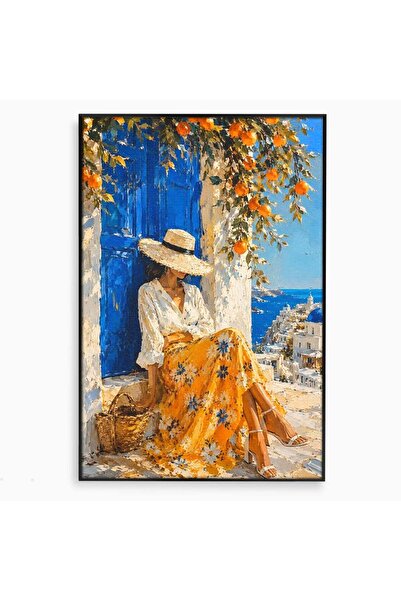 Luxcanva Tablou Canvas Femeie Cu Palarie In Santorini 50x70 cm cu Rama Negru ...