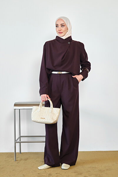 LOCCO Women's Pleated Collar Detail Waist Drawstring Jacket with Trousers Plum