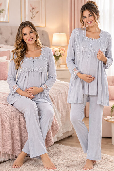 by İGP Maternity Long Sleeve Adjustable Waist Pajama Set with Maternity Robe