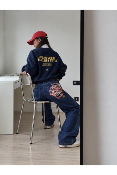 harmony factory Kadın Sakura Nakışlı Yüksek Bel Wide Leg Kot Pantolon Lacivert