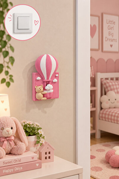 Uçan Balon Ayıcıklı Dekoratif Tekli Işık Anahtar Kapağı - Çocuk Odası Dekoru - Hediyelik 8,6 × 8,6 cm