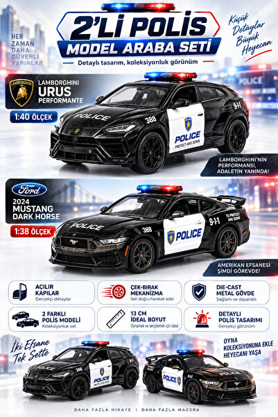 cayenna Ford Mustang Dark Horse Polis Model Araba 1:38 Ölçek 13 cm – Die-Cast...