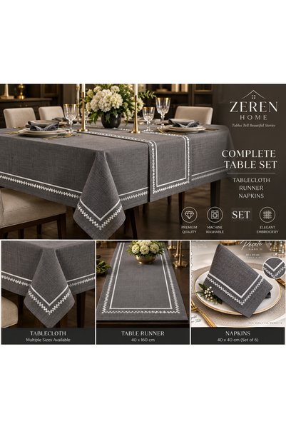 Zeren Home Gümüş Nakış Pikolu Antrasit Renk Masa Örtüsü Takımı – 1 Runner ve ...