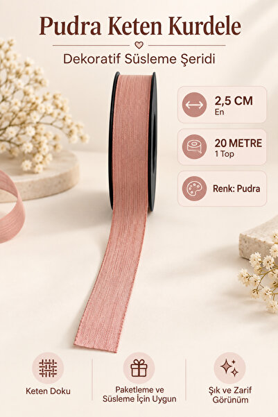Pudra Keten Kurdele 2,5 cm – 1 Top 20 Metre – Dekoratif Fiyonk, Hediye Paketleme, Süsleme ve Tekstil Aksesuar Kurdele