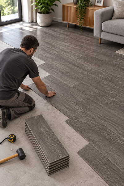 UKAB DEKOR 25x70 Cm (7 Adet 1 m²) Lvt Kendinden Yapışkanlı Koyu Traverten Dok...